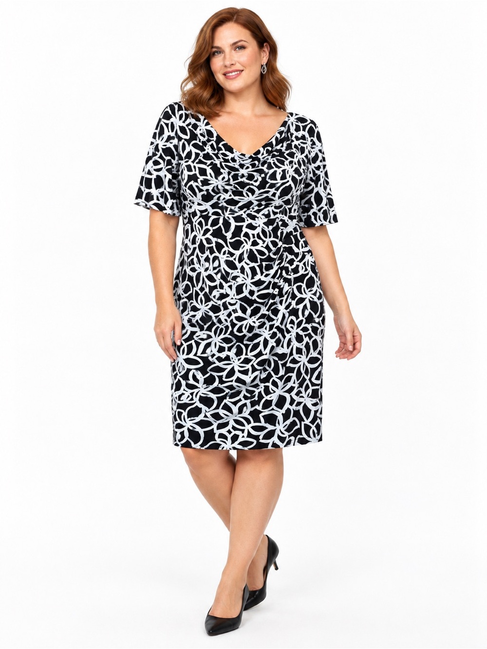 Anne Klein Cowl Neck Side Pleated Floral Stretch Sheath Dress Black White 16